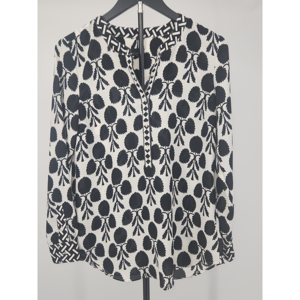 Talbots Womens XS Black White Botanical Geometric Trim Split Neck Blouse PH5558